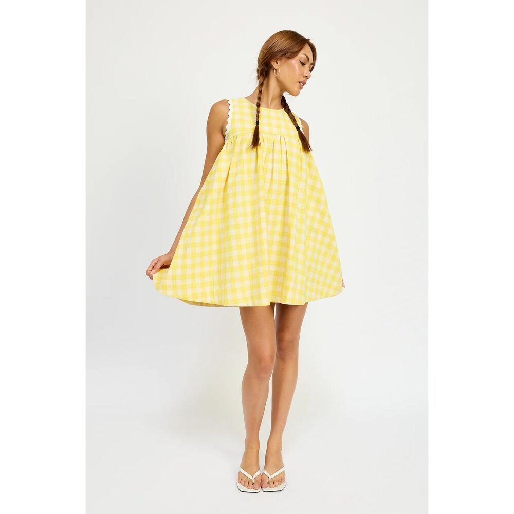 Jacquie the Label SAMMY YELLOW Gingham CHECK MINI DRESS Brunch Summer size S NWT